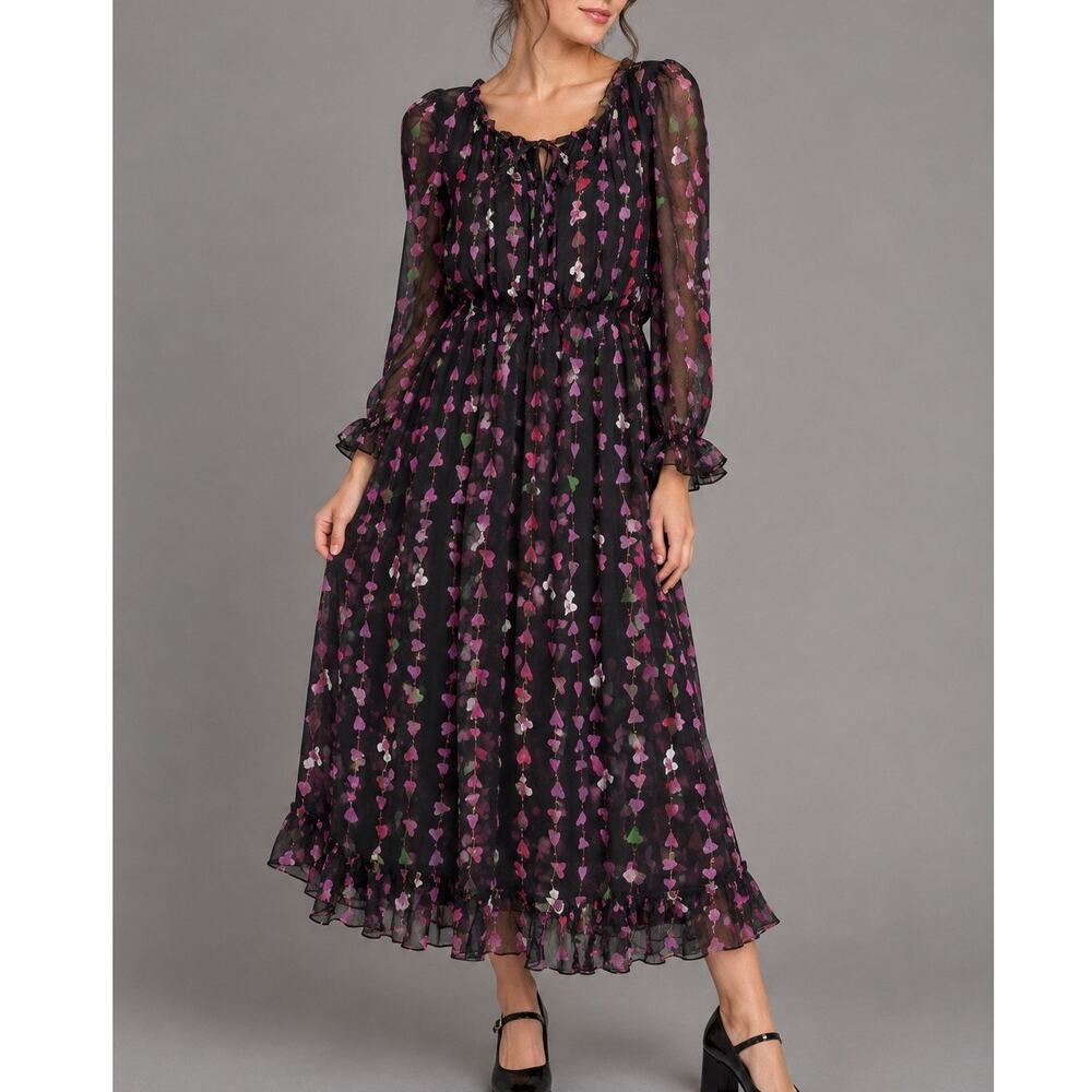 Pokwai Mulberry Silk Black Sheer Heart Print Midi Dress Medium Fairy Grunge